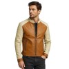 Custom Men's Tan & Cream Leather Biker Jacket with Two Tone Detailing