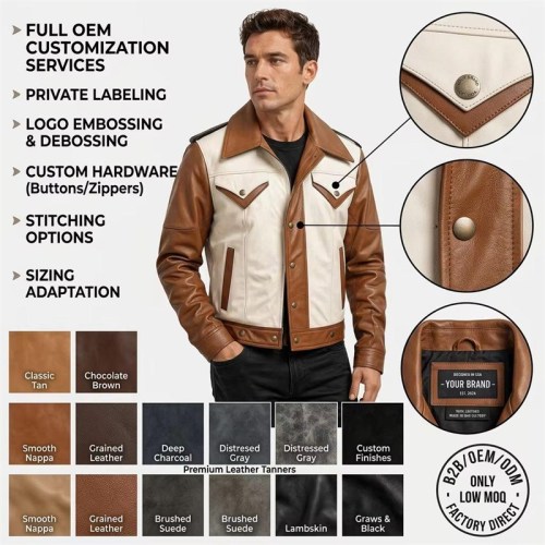 Custom Men's Sheepskin Leather Biker Jacket with Two Tone Detailing, Retro