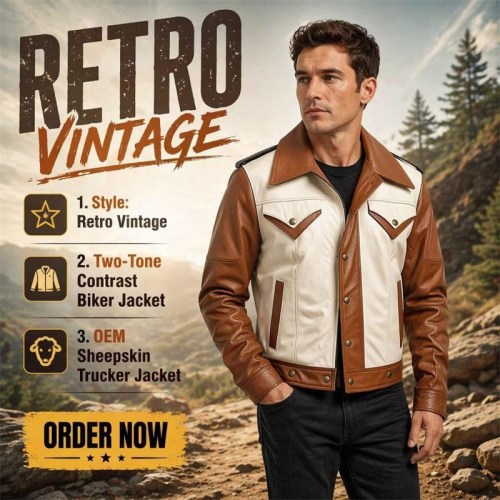 Custom Men's Sheepskin Leather Biker Jacket with Two Tone Detailing, Retro