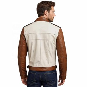 Custom Men's Sheepskin Leather Biker Jacket with Two Tone Detailing, Retro