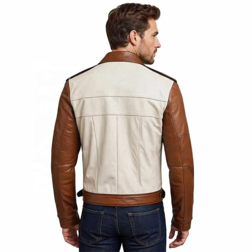 Custom Men's Sheepskin Leather Biker Jacket with Two Tone Detailing, Retro