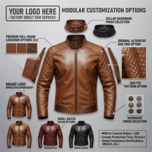 Custom Men's Brown Leather Biker Jacket with Quilted Detailing, Slim Fit