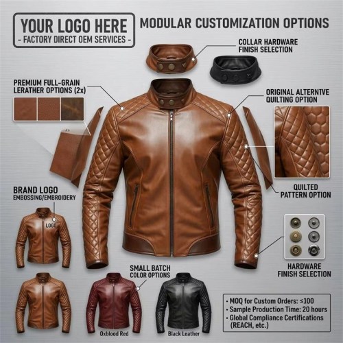 Custom Men's Brown Leather Biker Jacket with Quilted Detailing, Slim Fit