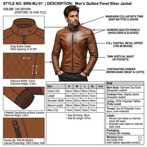 Custom Men's Brown Leather Biker Jacket with Quilted Detailing, Slim Fit