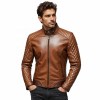 Custom Men's Brown Leather Biker Jacket with Quilted Detailing, Slim Fit