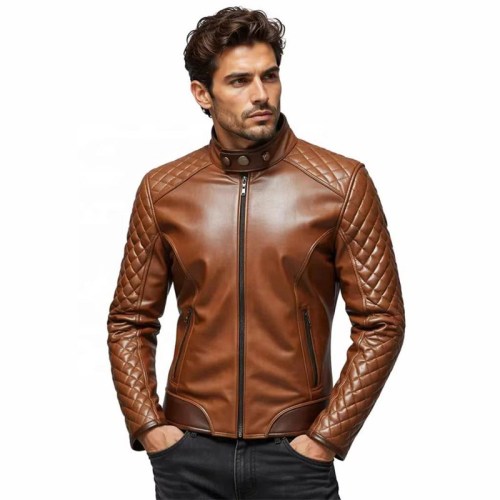 Custom Men's Brown Leather Biker Jacket with Quilted Detailing, Slim Fit