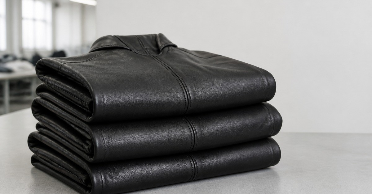 Folded black leather jackets stacked on a table before packing for an EU wholesale order