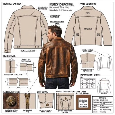 Custom Men's Brown Leather Biker Jacket with Distressed Detailing, Vintage