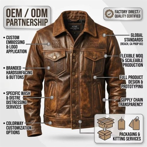 Custom Men's Brown Leather Biker Jacket with Distressed Detailing, Vintage