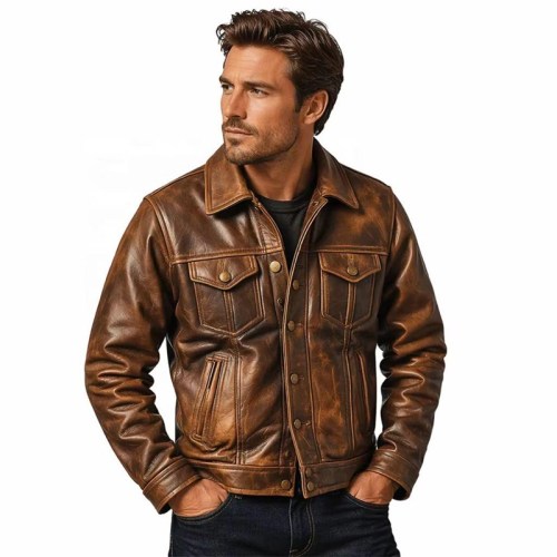 Custom Men's Brown Leather Biker Jacket with Distressed Detailing, Vintage