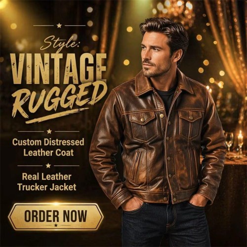 Custom Men's Brown Leather Biker Jacket with Distressed Detailing, Vintage