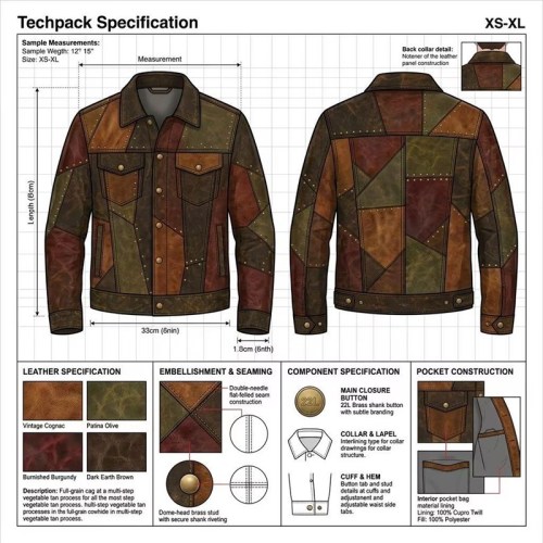 Custom Men's Brown Leather Coat with Studded & Patchwork Detailing, Vintage