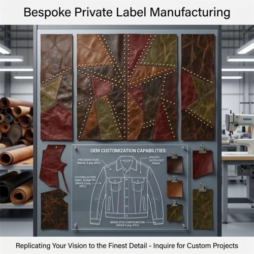 Custom Men's Brown Leather Coat with Studded & Patchwork Detailing, Vintage