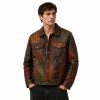 Custom Men's Brown Leather Coat with Studded & Patchwork Detailing, Vintage