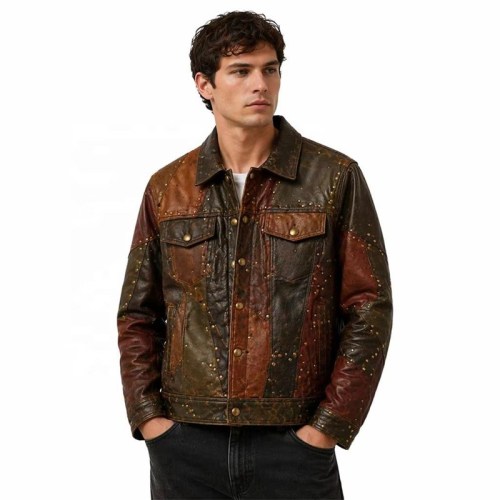 Custom Men's Brown Leather Coat with Studded & Patchwork Detailing, Vintage