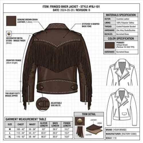 Custom Men's Brown Leather Biker Jacket with Studded & Fringed Detailing, Star & Punk Rock