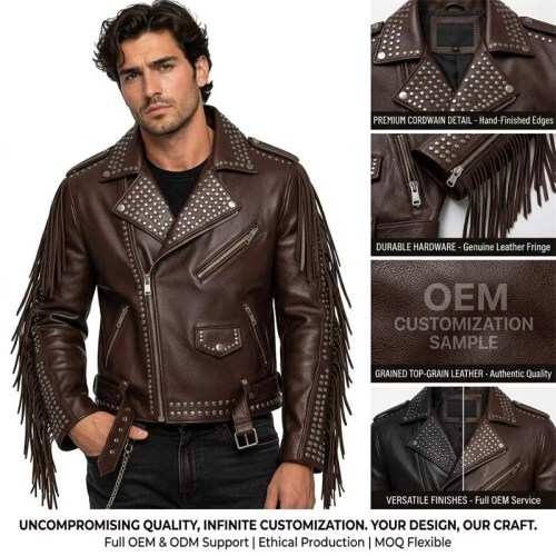 Custom Men's Brown Leather Biker Jacket with Studded & Fringed Detailing, Star & Punk Rock