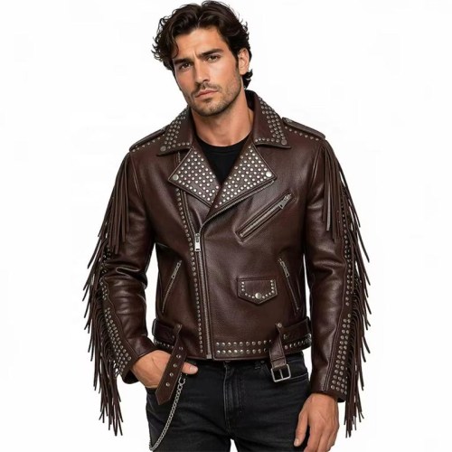 Custom Men's Brown Leather Biker Jacket with Studded & Fringed Detailing, Star & Punk Rock
