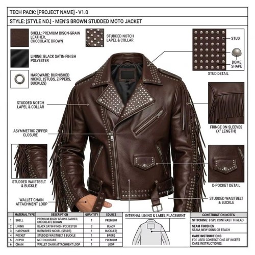 Custom Men's Brown Leather Biker Jacket with Studded & Fringed Detailing, Star & Punk Rock