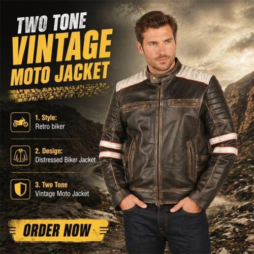 Custom Men's Black Leather Biker Jacket with Distressed Detailing, Vintage & Retro
