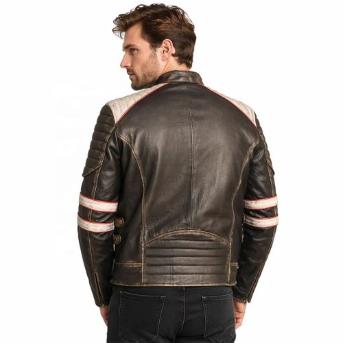 Custom Men's Black Leather Biker Jacket with Distressed Detailing, Vintage & Retro