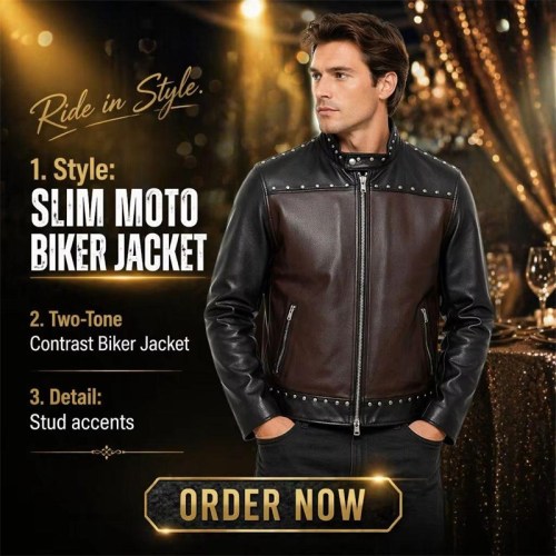 Custom Men's Leather Biker Jacket with Studded & Two Tone Detailing, Slim Fit
