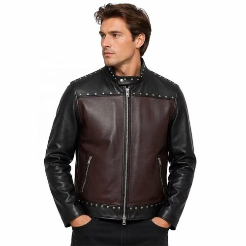 Custom Men's Leather Biker Jacket with Studded & Two Tone Detailing, Slim Fit