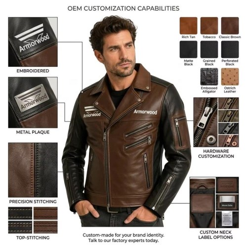 Custom Men's Brown Leather Biker Jacket with Two Tone Detailing