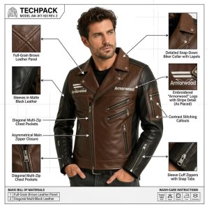 Custom Men's Brown Leather Biker Jacket with Two Tone Detailing