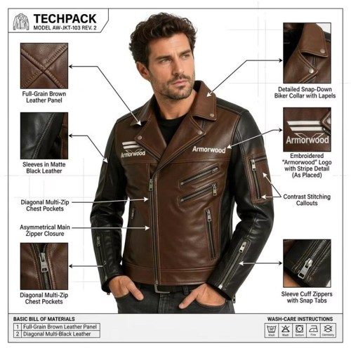 Custom Men's Brown Leather Biker Jacket with Two Tone Detailing