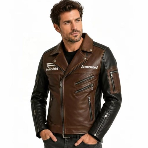 Custom Men's Brown Leather Biker Jacket with Two Tone Detailing