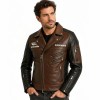 Custom Men's Brown Leather Biker Jacket with Two Tone Detailing