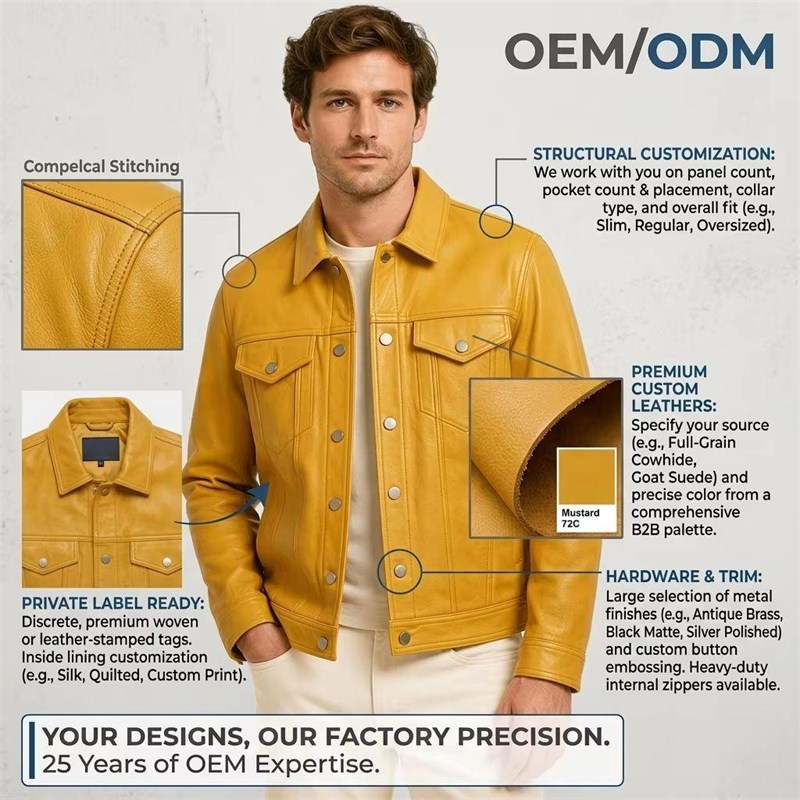 Custom Men's Mustard Leather Trucker Jacket, Custom Made to Order