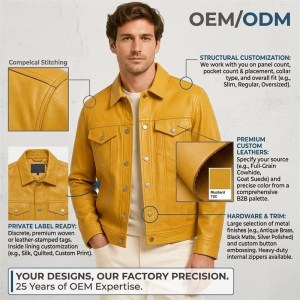 Custom Men's Mustard Leather Trucker Jacket, Custom Made to Order