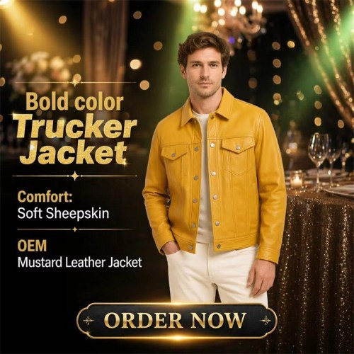 Custom Men's Mustard Leather Trucker Jacket, Custom Made to Order