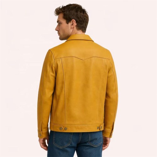 Custom Men's Mustard Leather Trucker Jacket, Custom Made to Order