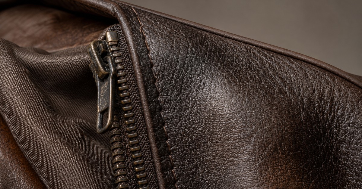 Leather jacket lining and metal zipper beside the grained brown hide of the shell