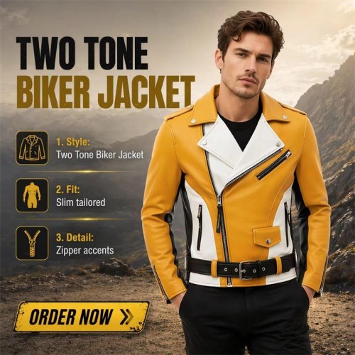 Custom Men's Yellow & Mustard Leather Biker Jacket, Retro, Custom Made to Order