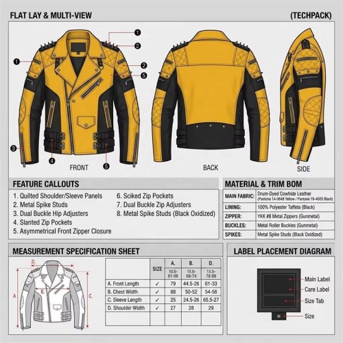 Custom Men's Black & Yellow Leather Biker Jacket with Spiked Detailing, Punk Rock
