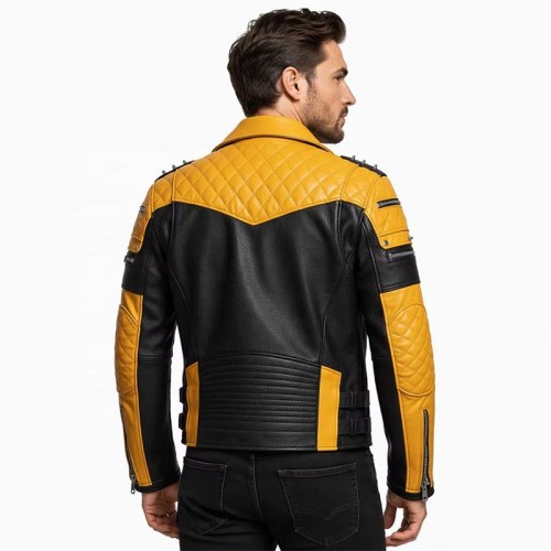 Custom Men's Black & Yellow Leather Biker Jacket with Spiked Detailing, Punk Rock