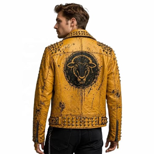 Custom Men's Yellow Leather Biker Jacket with Studded Detailing, Punk Rock