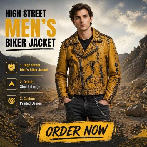 Custom Men's Yellow Leather Biker Jacket with Studded Detailing, Punk Rock