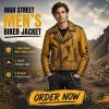 Custom Men's Yellow Leather Biker Jacket with Studded Detailing, Punk Rock
