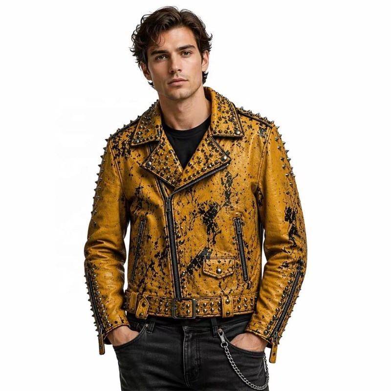 OEM Yellow Studded Leather Jacket Men