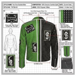 Custom Men's Black & Green Cowhide Leather Biker Jacket with Studded & Two Tone Detailing, Punk Rock