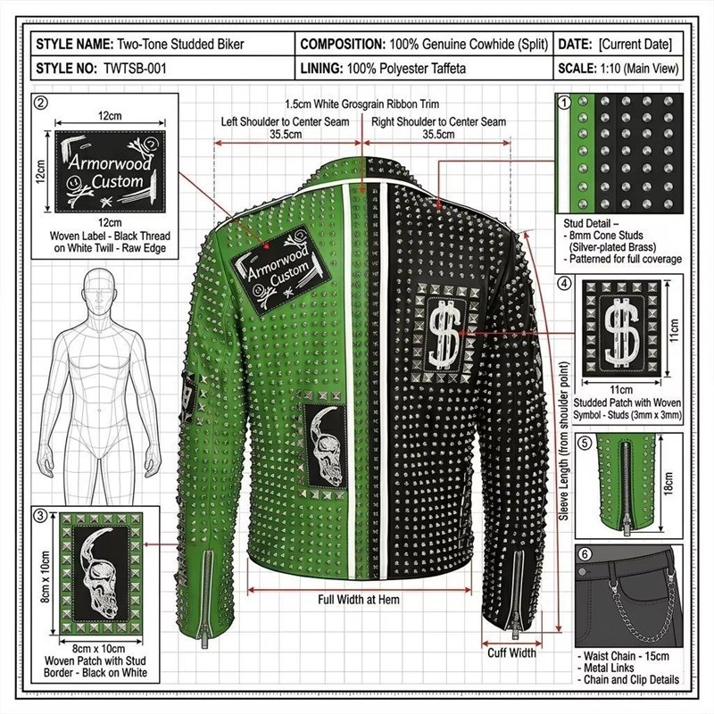 Custom Men's Black & Green Cowhide Leather Biker Jacket with Studded & Two Tone Detailing, Punk Rock
