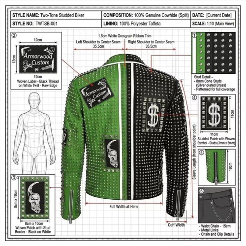 Custom Men's Black & Green Cowhide Leather Biker Jacket with Studded & Two Tone Detailing, Punk Rock