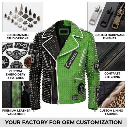 Custom Men's Black & Green Cowhide Leather Biker Jacket with Studded & Two Tone Detailing, Punk Rock
