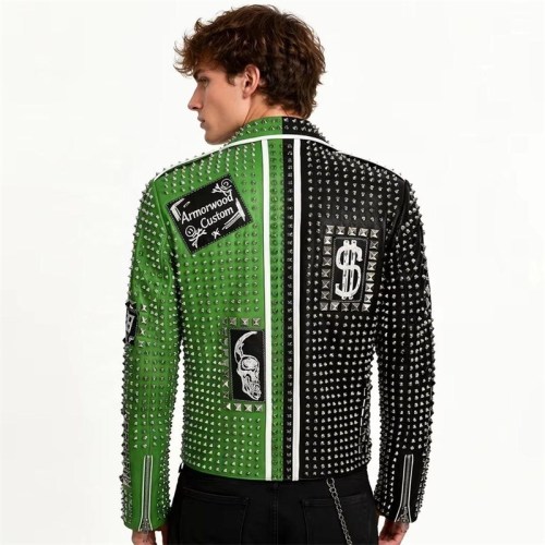 Custom Men's Black & Green Cowhide Leather Biker Jacket with Studded & Two Tone Detailing, Punk Rock