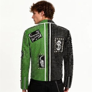 Custom Men's Black & Green Cowhide Leather Biker Jacket with Studded & Two Tone Detailing, Punk Rock